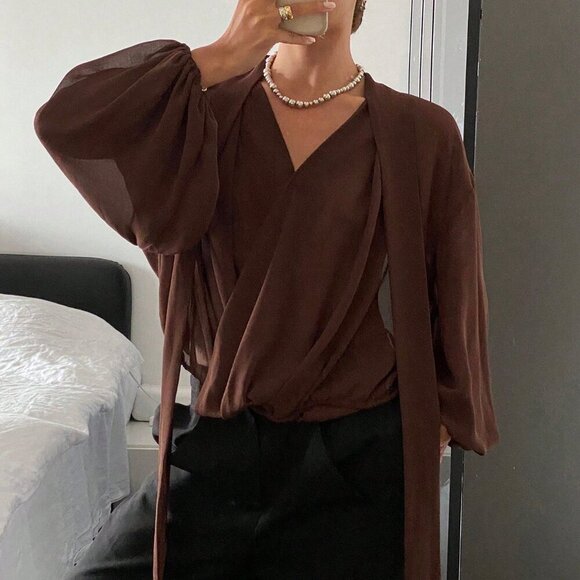 Brown Casual Women's Loose Long Sleeve Tie Shirt Blouse - Picture 6 of 10